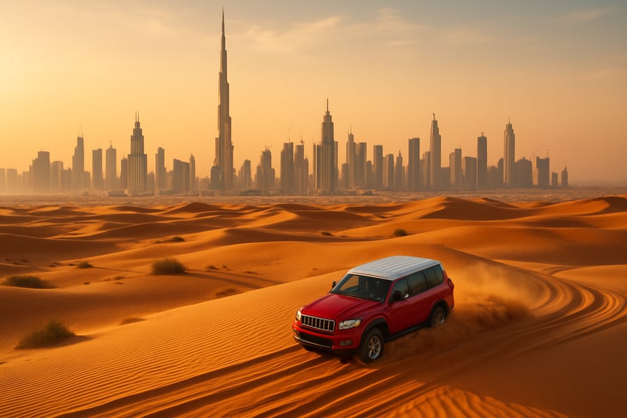 Dubai skyline with desert adventure Dubai skyline with desert adventure